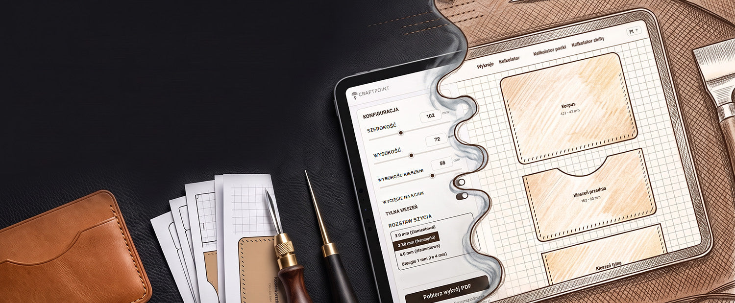 Konfigurator wykrojów kaletniczych CraftPoint na tablecie – projekt portfela